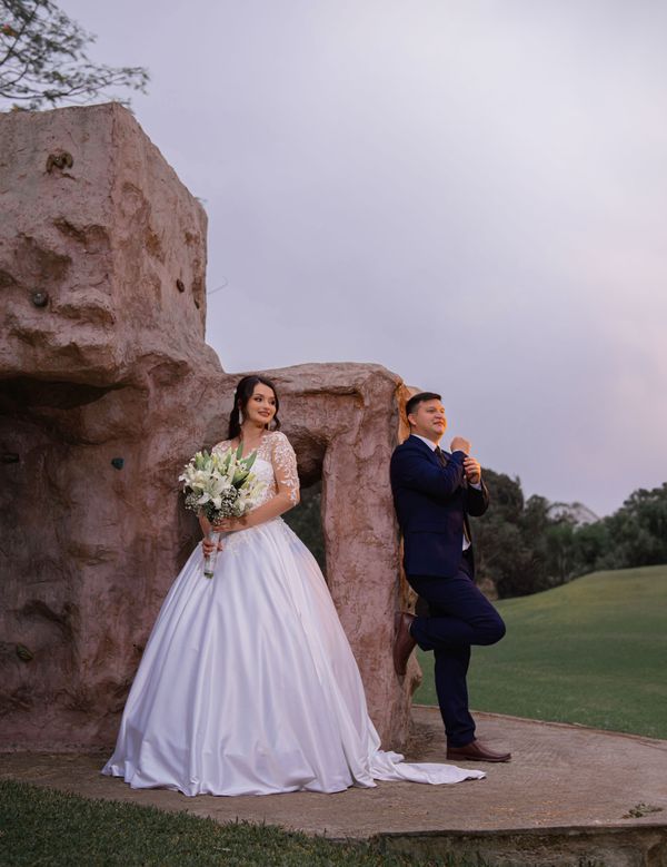 Bride and groom in a garden